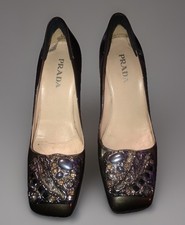 Vintage PRADA Gun Metal Patent Leather Pumps w/Stone Embellishment In Sz 37 1/2