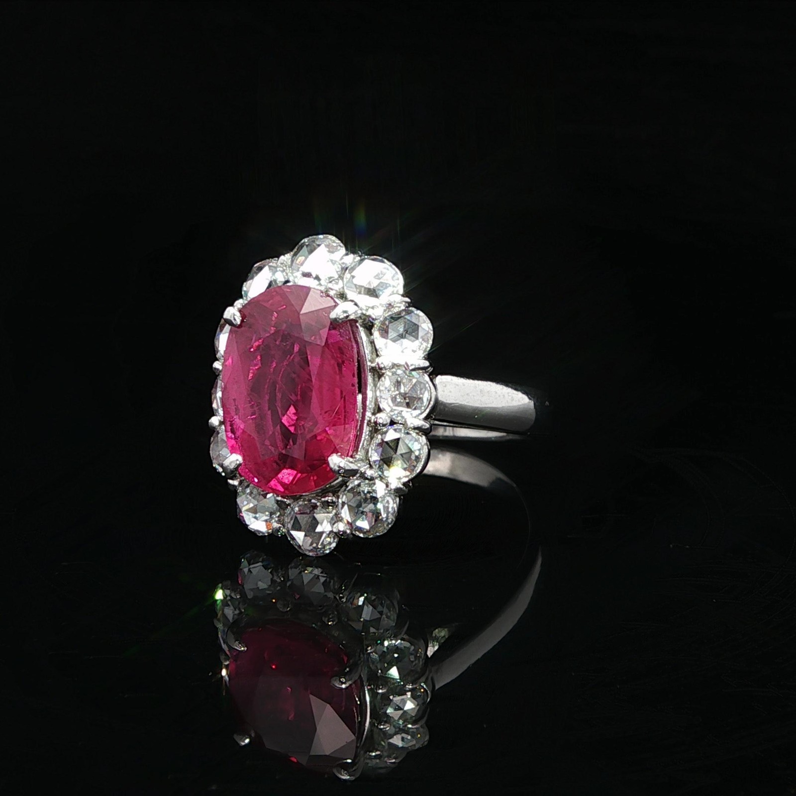 Solid Platinum Large GIA 6.37ctw Oval Ruby w/ Ros… - image 7