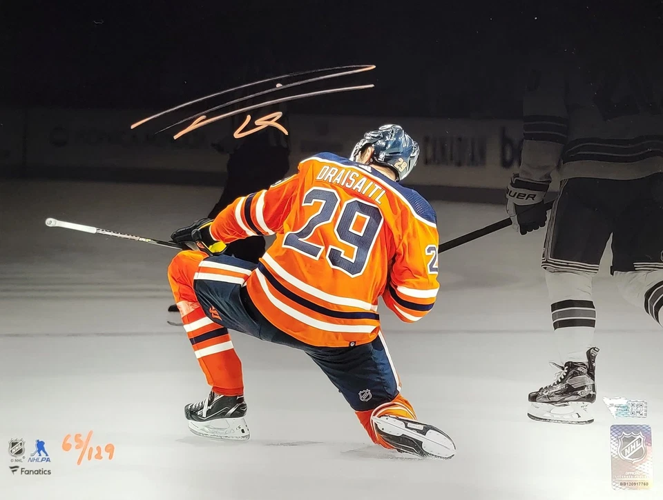 Foto autografiada firmada por Leon Draisaitl 11x14 Edmonton Oilers #/129 fanáticos