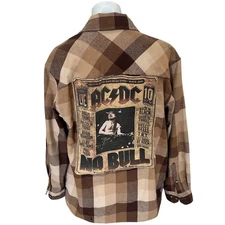 AC/DC No Bull Plaid Flannel Shirt MEDIUM Oversized Unique 80s Rock Heavy Metal