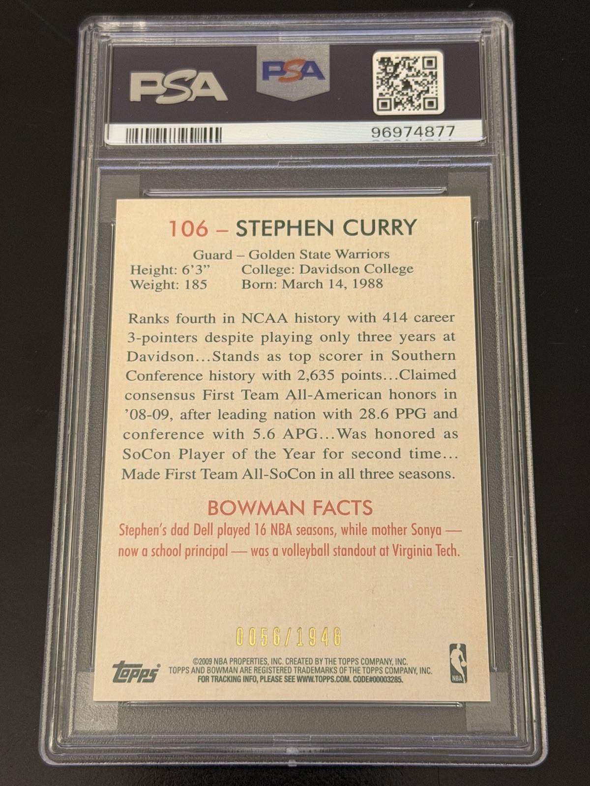 2009 Bowman 48 Stephen Curry Blue Rookie RC #/1948 Warriors PSA 5 SP view 2