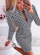 Houndstooth Dress - Women's Long Sleeve Mini Skirt Dress with Fitted Waist...