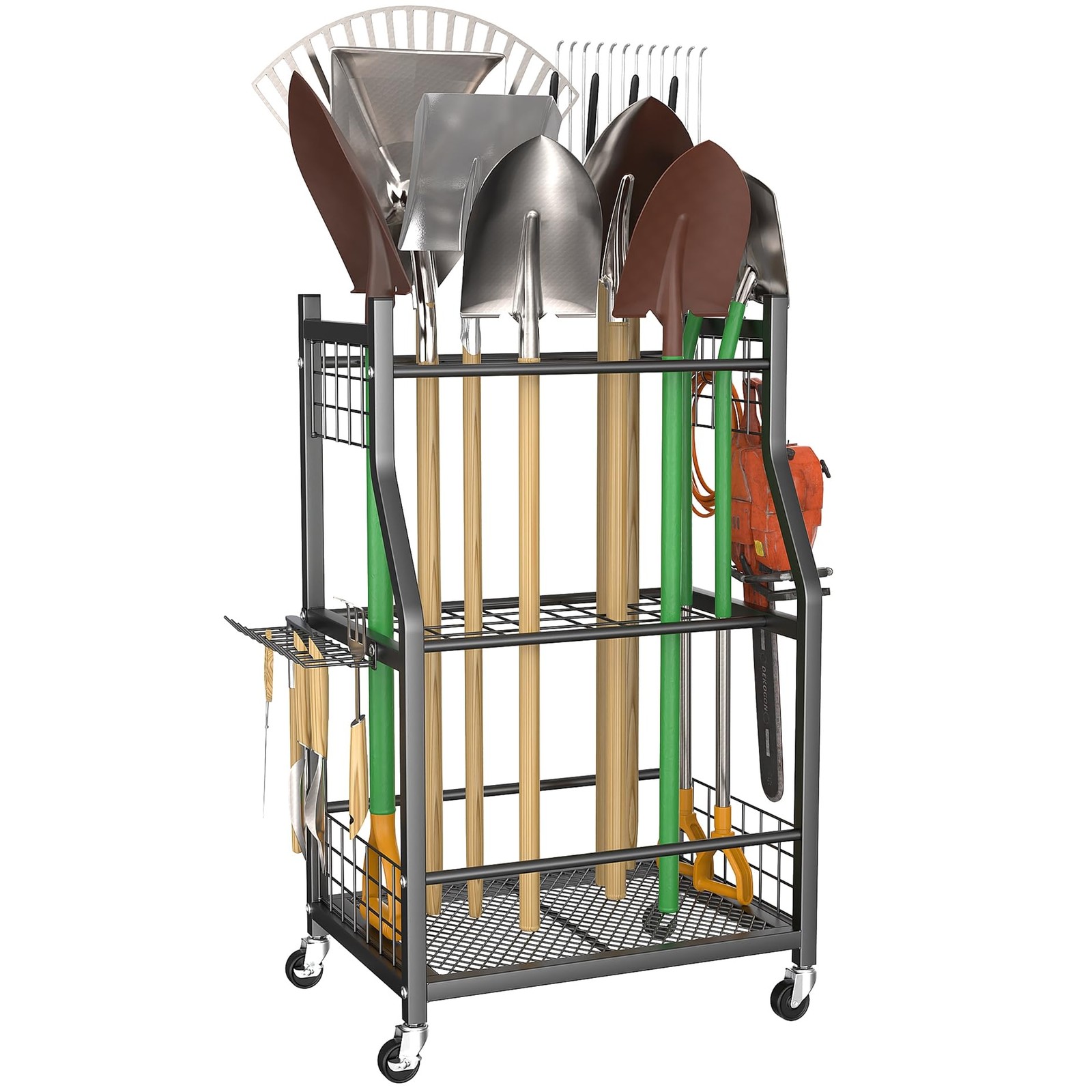 Mobile Garage Organizer for Rakes Shovels & Yard Tools with Wheels