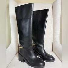 New Michael Kors Carlisle Black Leather Gold Chain Tall Riding Heeled Boots 8.5