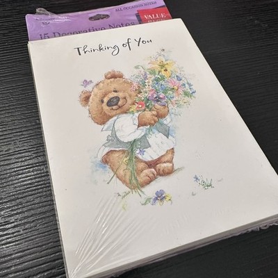 Vintage Hallmark Teddy Bear Thinking Of You Floral Thank You Notes 15 Ct Sealed
