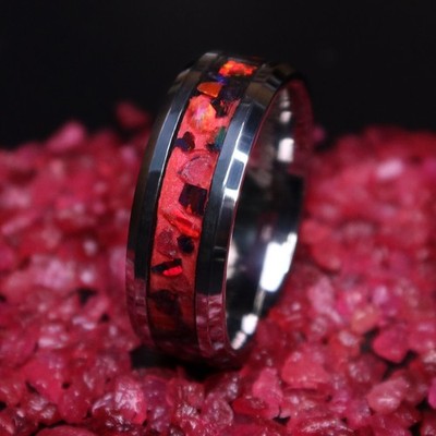 The Lava Rock Ring, Black Titanium Carbide,Tungsten Ruby Red Opal Ring