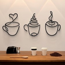 Coffee Cup Wall Art, Set of 3 Black Metal Wall Decor for Kitchen Cafe Office,...