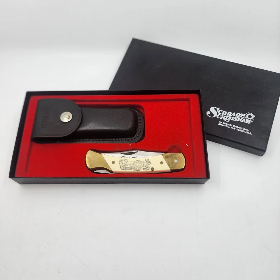 NAVAJA DE BOLSILLO PLEGABLE VINTAGE SCHRADE SC507 SCRIMSHAW RAM CON BLOQUEO HECHA EN EE. UU. Foto 2 de 4