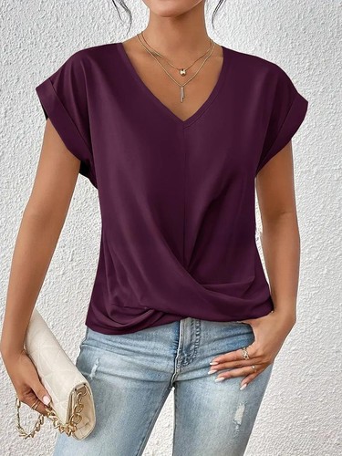 Women's Summer V Neck Top Short Sleeve Blouse Casual Loose Shirt Plus Size 8-22# - Picture 47 of 50