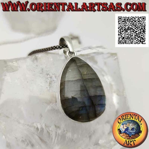 Ciondolo in argento 925‰ grande labradorite a goccia cabochon su montatura lisci - Foto 2 di 5