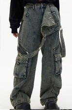 Men's Retro Blue Denim Jeans Pockets Detachable Overall Rompers Punk Trousers