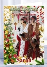Personalised Christmas Card Art Deco Ladies out shopping at Christmas Time