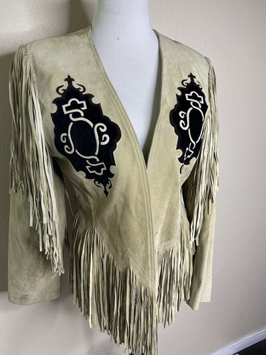 DD Co Suede Leather Jacket Fringe Size M Tan Black Western USA Vintage - Afbeelding 3 van 12