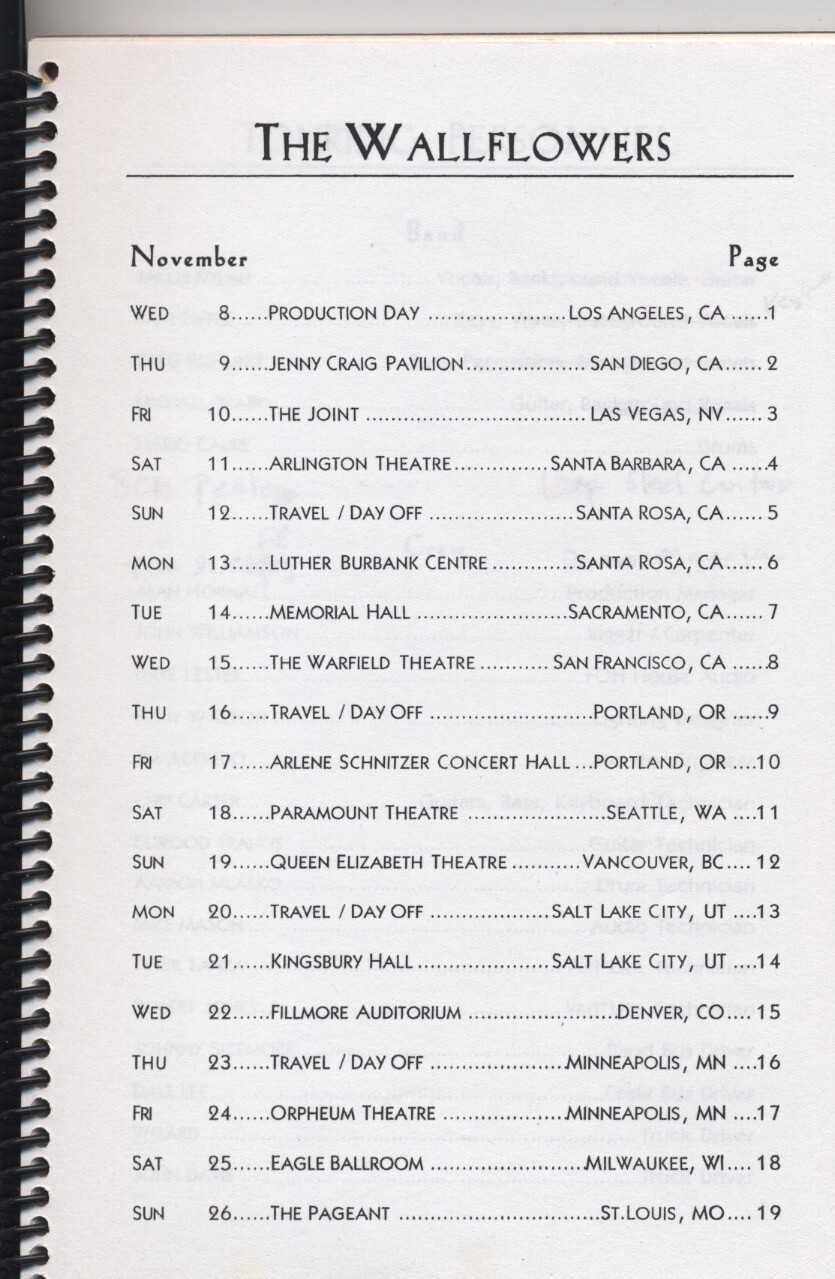 THE WALLFLOWERS TOUR ITINERARY 2000 PART 1 eBay