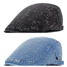 Men's Denim Distress Flat Peaked Cap Striped Adjustable Ivy Driver Gatsby Hat