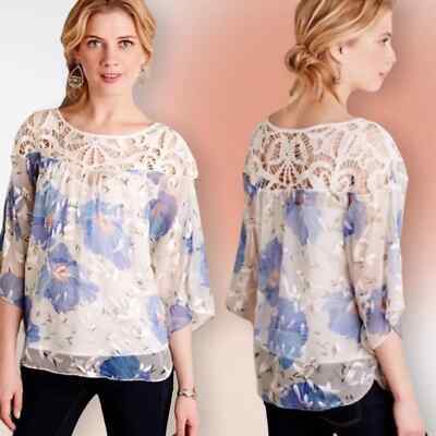 New Anthropologie Vanessa Virginia Florafall Blue Peasant Top Size 2 NWT
