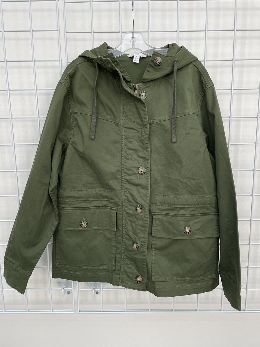 Time Tru Olive Green Anorak Hood Cotton Button Zip Unlined