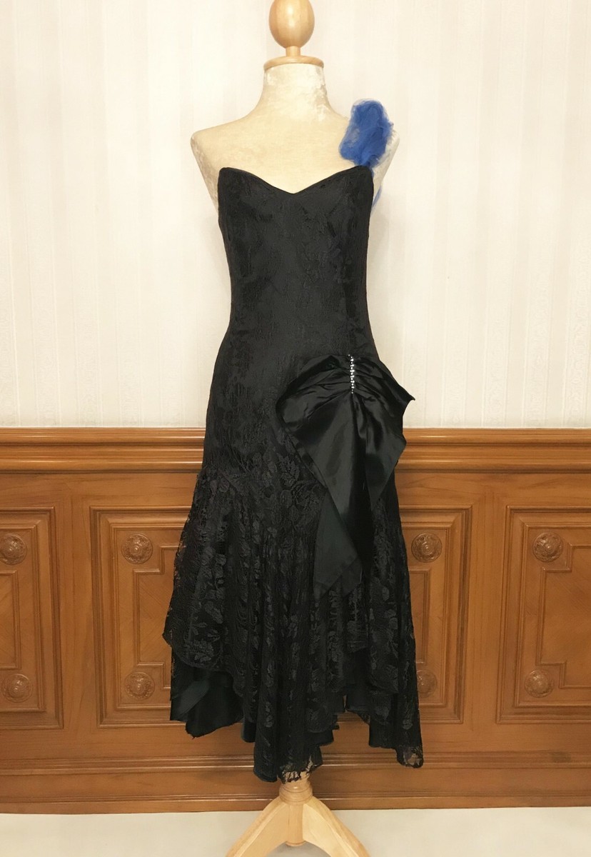 pre owned formal dresses Vintage One Shoulder Lace Prom Party Dress Gown Black 11/12 Sz USA ilgwu Bridal Reception
