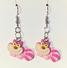 Silver Cheshire Cat From Alice In Wonderland Drop Dangle Earrings 