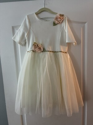 Zunie Girls Dress Ivory Embellished Floral Ponte & Tulle Fit Flare Size 8