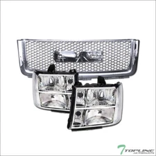Topline For 2007-2013 GMC Sierra 1500 Chrome Headlights+Round Hole Mesh Grille