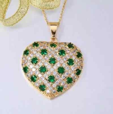 3Ct Round Cut Green Emerald Diamond Heart Cluster Pendant 14k Yellow Gold Over