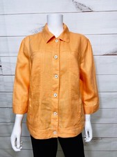 Chico's Womens Jacket Size 3 Orange Button Up Pockets 3/4 Sleeve 100 Linen Top