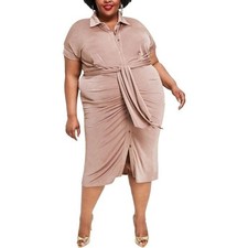 Nina Parker Plus Size 2X Tan Shirtdress Ruched Skirt Tie Front Tea Length NWT