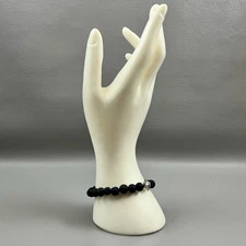 Textured Black Beaded Stretch Bracelet Silver Tone Buddha Head 3" Good Luck