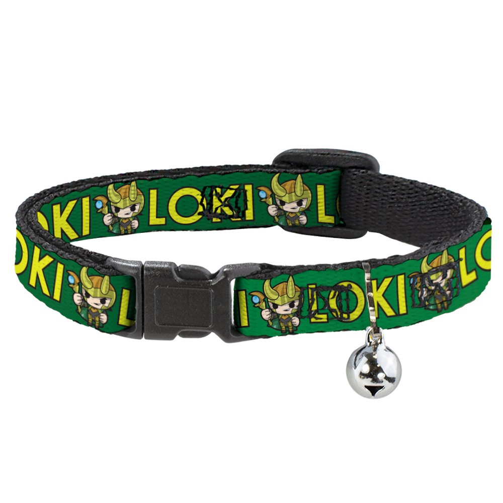 Cat Collar Breakaway with Bell Kawaii LOKI Standing Pose/Text Green/Yellow NARRO