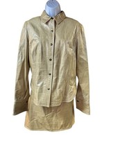 Vintage Cache Beige Leather Button-Front Shirt Jacket  Matching Skirt Set L/12