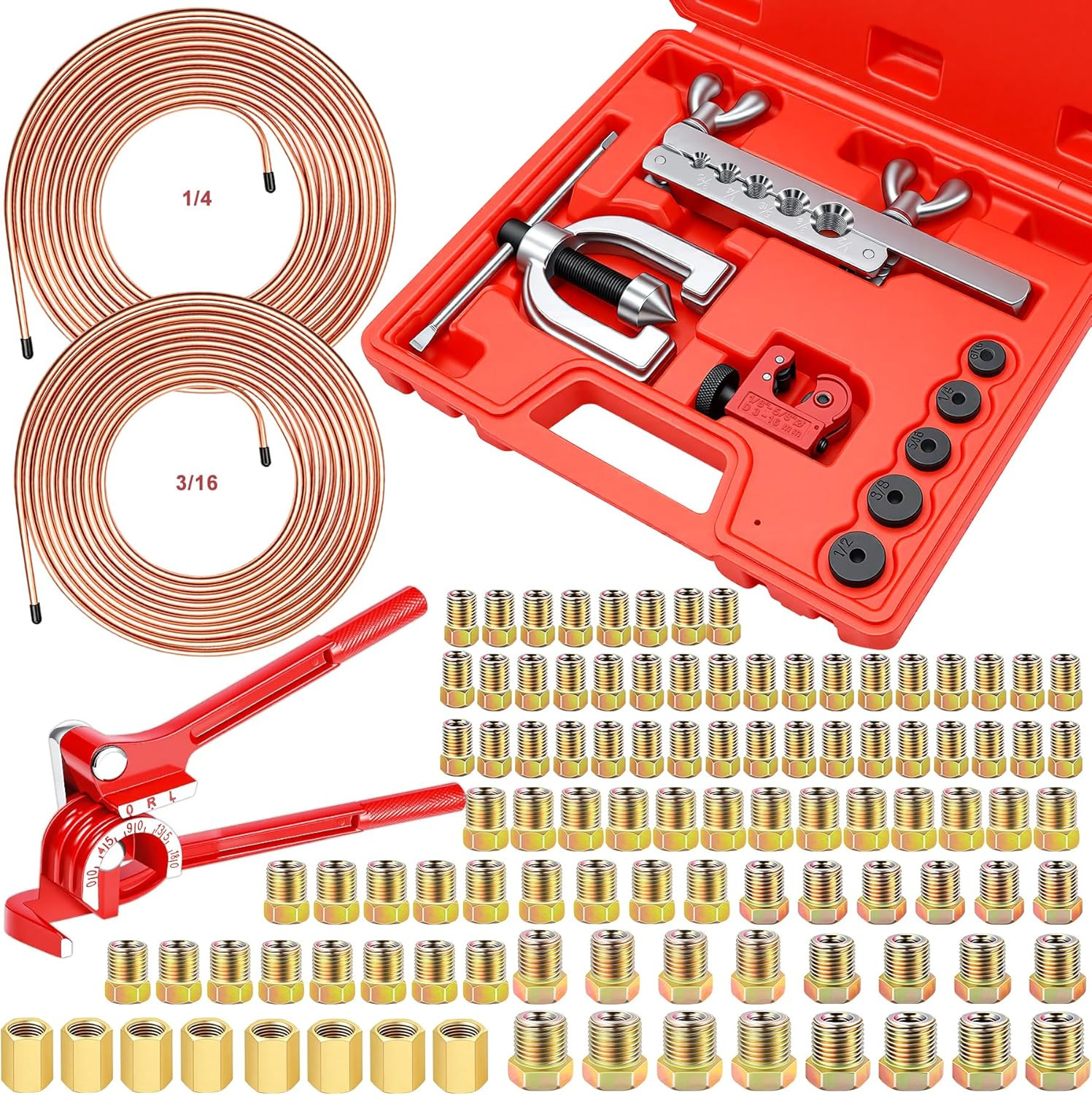 3/16 Inch+1/4 Inch Brake Line Flaring Tool Kit with 102Pcs Fittings