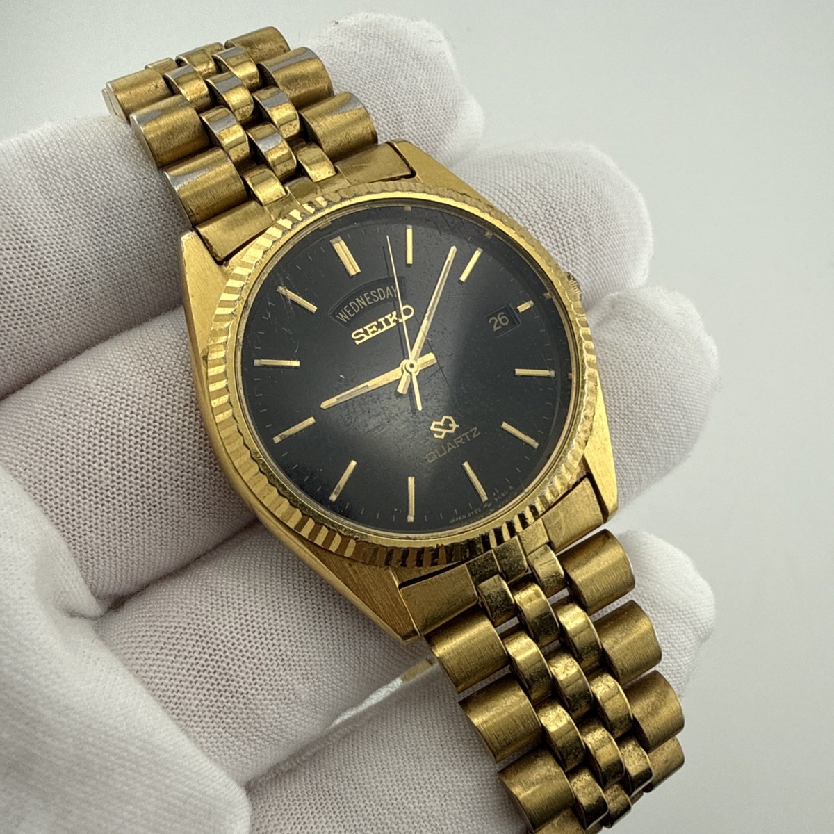 Seiko SQ President Watch Men 36mm Black Dial Gold Tone Daydate