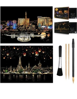 2 Pack Scratch Art Rainbow Painting Paper, Sketch Pad DIY Night View...