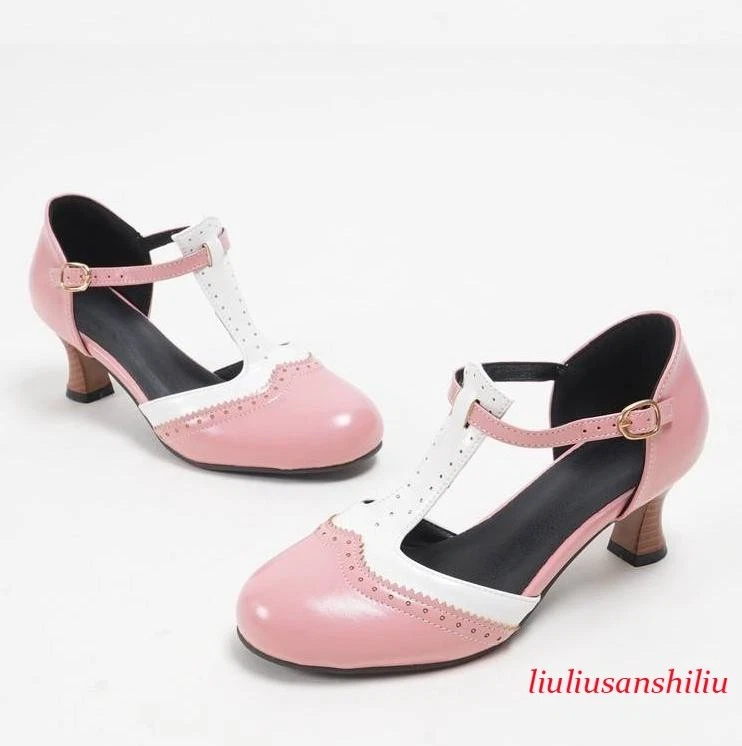 Womens Faux Leather T-strap Sandals Buckle Office Work Casual Dress Formal Shoes
