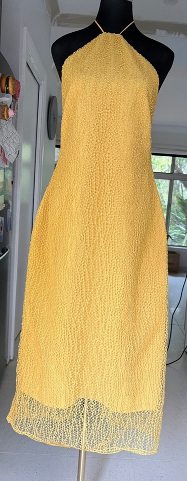 Lover Yellow Textured Halter Midi Dress Size 14 Lace Knit Open Back Cocktail