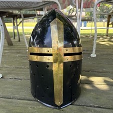 Halloween LARP Medieval Knight Crusader Templar Black Helmet Brass  Steel