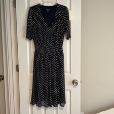 Kate & Lily Navy Polka Dot Midi Dress 14W V-Neck 3/4 Sleeve Smocked Waist