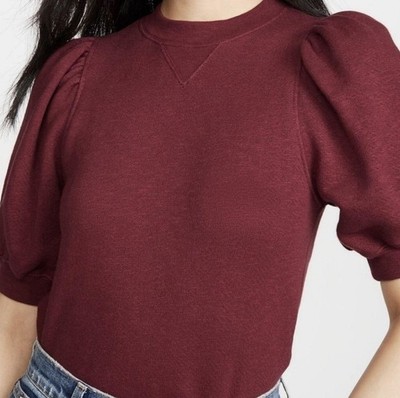 Ulla Johnson Small Rami Pullover Top Bordeaux Burgundy Puff Sleeve French Terry