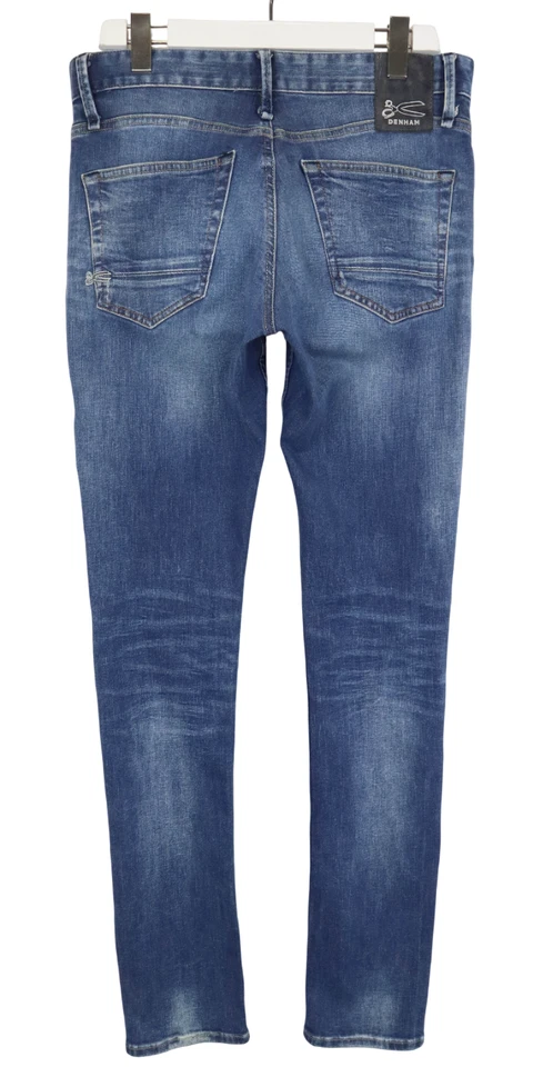 Pantalones de mezclilla DENHAM Razor calce ajustado para hombre W31 bigotes descoloridos botón mosca elástico azul Foto 2 de 4