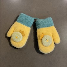 Yellow Blue Fleece Baby Toddler Mittens Animal Appliqu  Attached String Winter