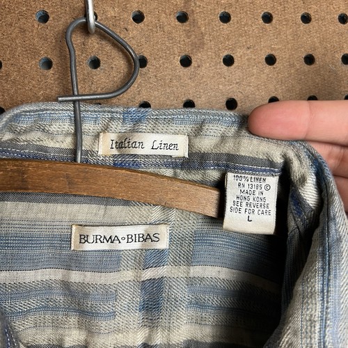 Burma Bibas Shirt Mens Large Blue Stripe Linen Vintage Summer Spring Wedding - Picture 4 of 5