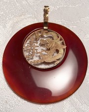 Vintage Chinese Faux Carnelian Rose Gold Dragon Pendant Never Worn