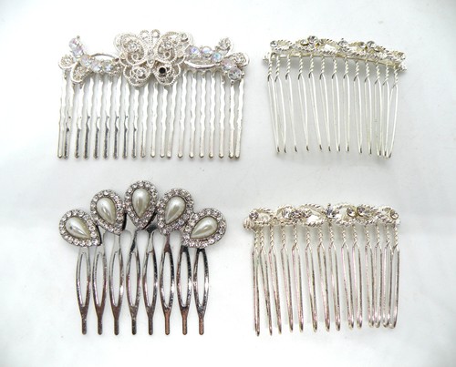 Four Rare Vintage Beautiful Faux Pearl Crystal Silver Tone Jewelry Hair Combs