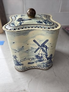 Vintage Dutch Windmill And Sailboat Pattern Tin Box 