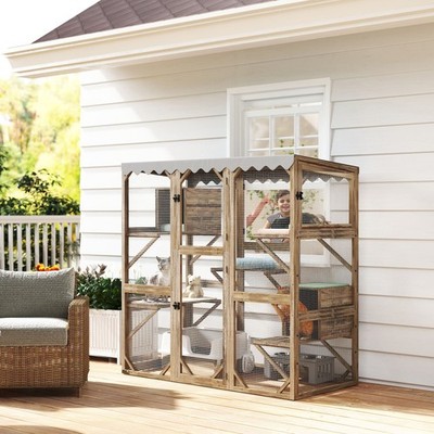 Catio Outdoor Cat Enclosure, Wooden Window Cat House, Brown