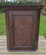 ANTIQUE CARVED INDIAN CORNER CUPBOARD - FLOOR OR WALL -WITH KEY -RUSTIC /COUNTRY