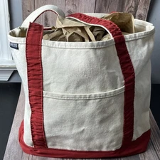 Lands End Medium Open Top Regular Handle Canvas Tote Bag Natural Red Key Strap