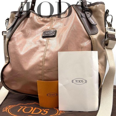 Tods 2Way Shoulder Bag Tote Beige Crossbody Embossed Logo