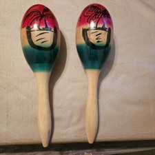 Vintage Pair Tourist Maracas Hand painted Wood Rumba Shakers